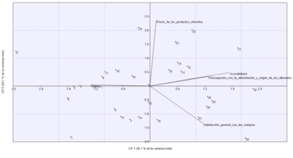 Diagrama de
ordenamiento por Componente Principal Análisis de datos de Feira Libre Pedro
Aguirre Cerda, Osorno - Chile.