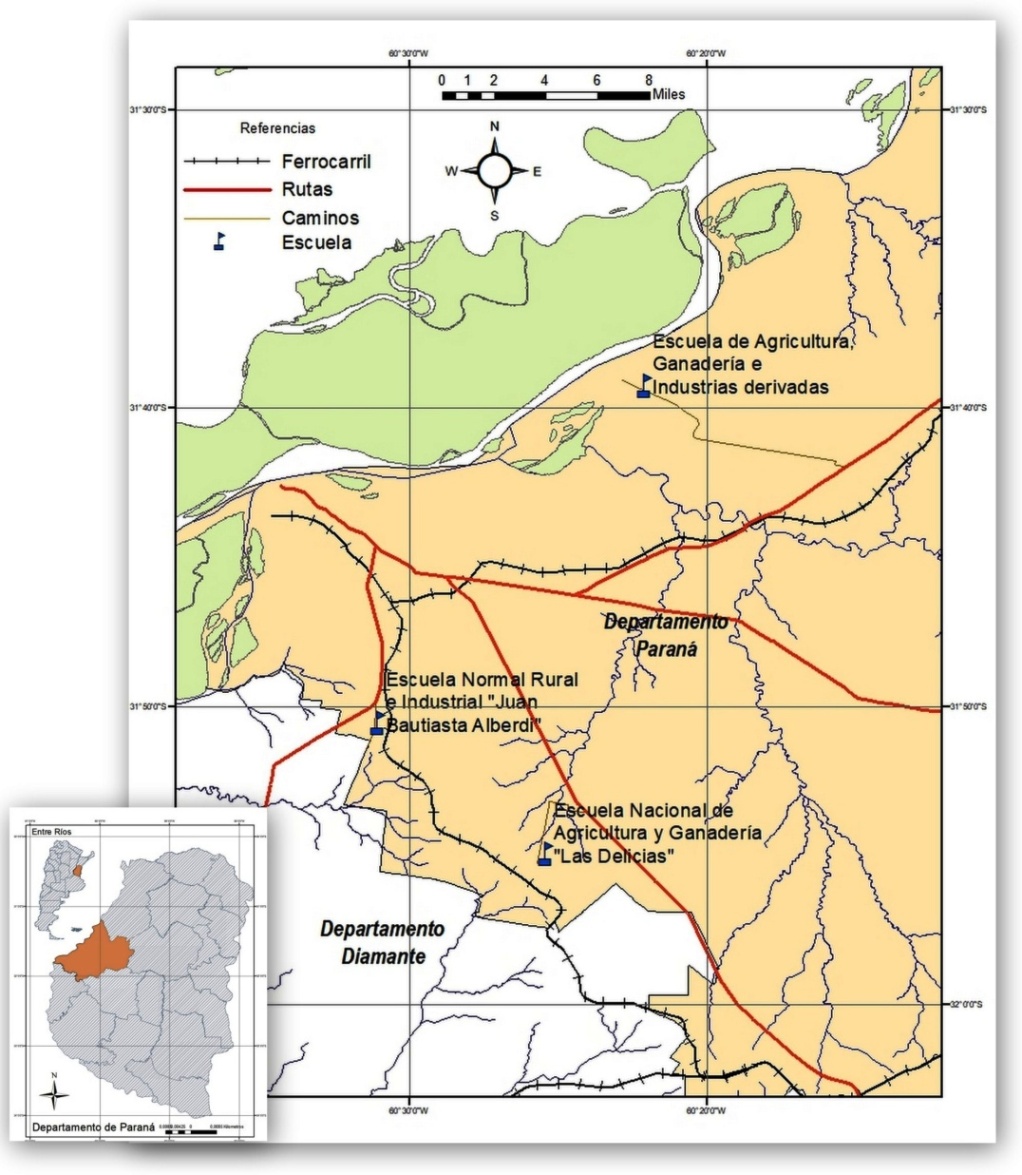 Mapa actual del departamento Paraná con ubicación de las Escuelas
agropecuarias y la Normal Rural