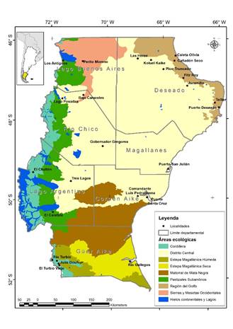 Provincia de Santa Cruz con división política, localidades y
áreas ecológicas