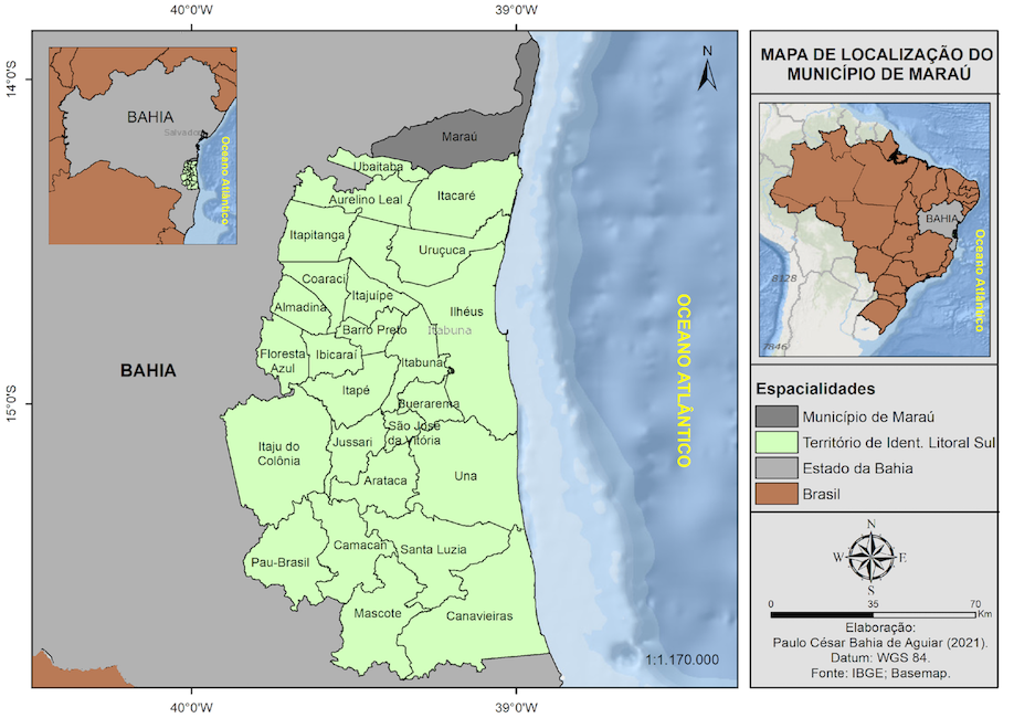 Figura 1. Localização do município de Maraú na região “território de identidade Litoral Sul”, Estado da Bahia, Brasil.