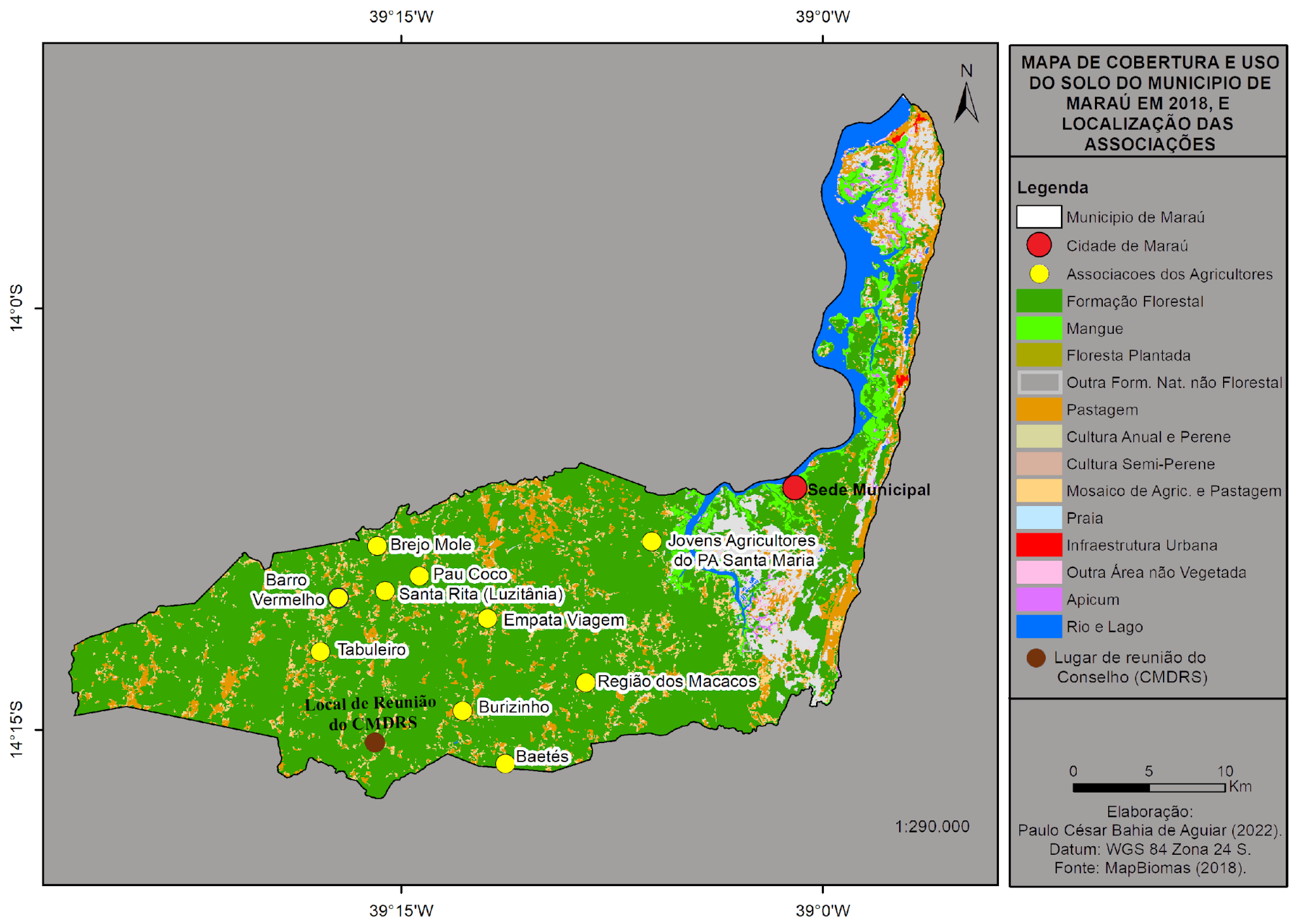 Cobertura e uso do solo no município de Maraú em 2018, e localização das associações participantes da pesquisa