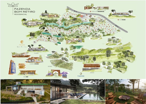 Desenho e imagens
ilustrativas do projeto de residencial rural na Fazenda Bom Retiro / Vinícola Thera
em Bom Retiro (SC)