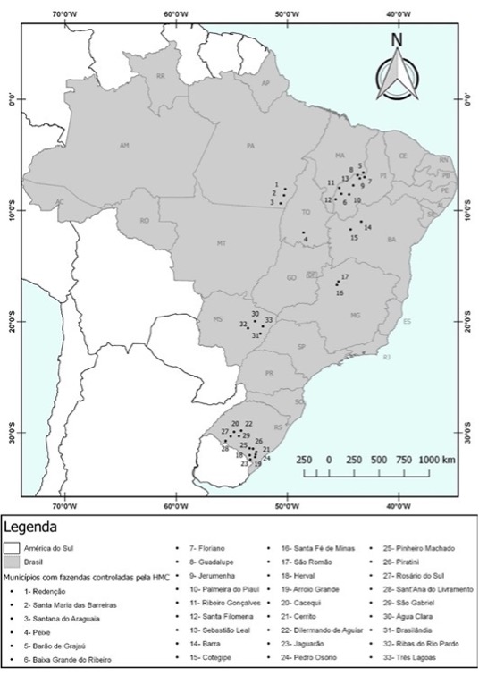 Mapa identificando os municípios onde estavam
localizadas as fazendas controladas pela MC no Brasil, julho de 2018