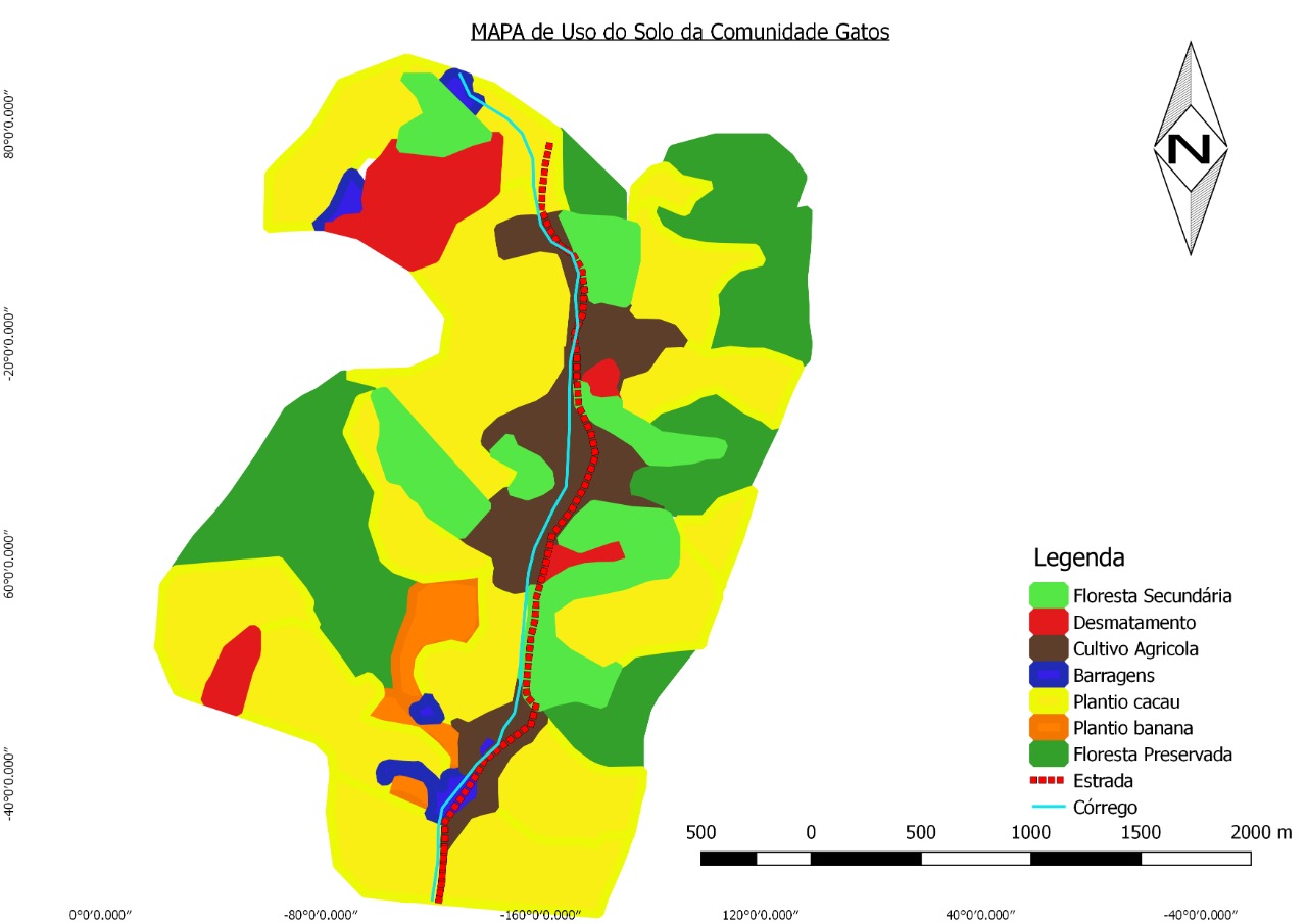 Mapa
de uso do solo na comunidade Gatos, Ibirapitanga, Bahia, 2018.